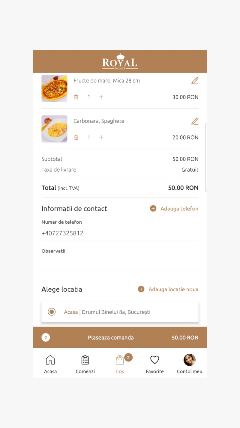 Royal Delivery - Aplicatie mobile pentru restaurant cu livrare mancare la domiciliu